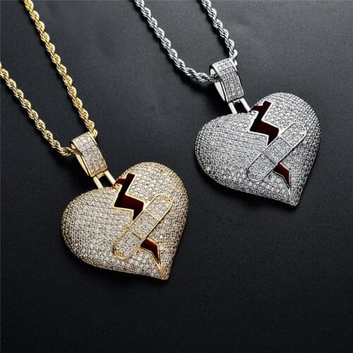 Iced Out Broke Heart Band-Aid Pendant Rhinestone Pendant Necklace For Men Women AAA Zircon Fashion Hip hop Jewelry