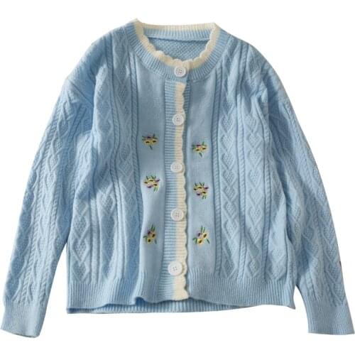 Sweet wind color matching wavy o-neck long-sleeved loose cardigan sweater