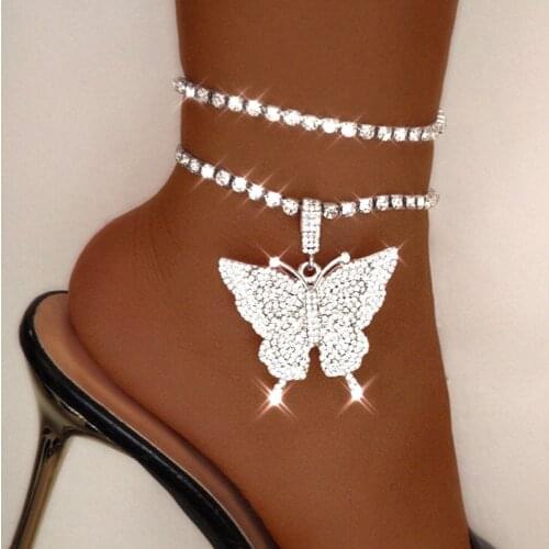 Silver Color Full Rhinestones Big Butterfly Pendant Anklet Bracelet For Women Shiny Crystal Tennis Ankle Chain Barefoot Jewelry