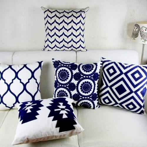 Navy Blue Embroidery Cushion Cover Geometric Moroccan Pillow Case with Embroidered For Sofa Seat Simple Home Decor 45*45cm