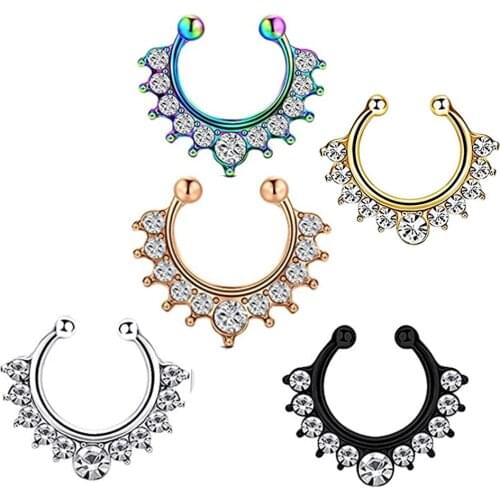 TIANCIFBYJS Fake Septum Nose Hoop Rings Stainless Steel Faux Lip Ear Nose Septum Ring Non Piercing Clip On Nose Hoop Rings Body