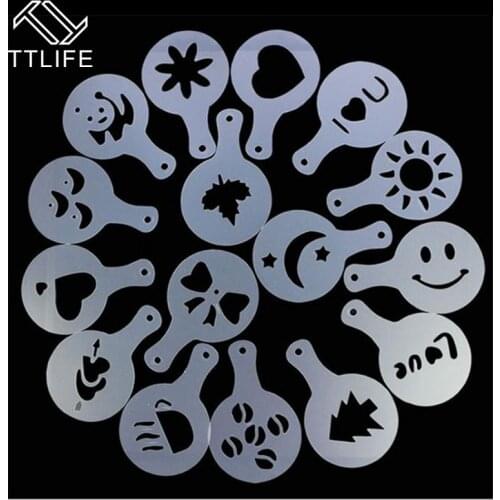 TTLIFE 16pc Cake Duster Templates Coffee Stencils Latte Cappuccino Barista Pull Flower Art Stencils Drawing Molds Printing Model