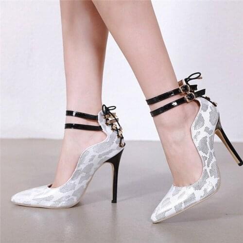 Spring Fashion Pointed Snake Print Women Stiletto Heels Party Ankle Double Layer Buckle Women Heels Black Cross-tied Women Pumps