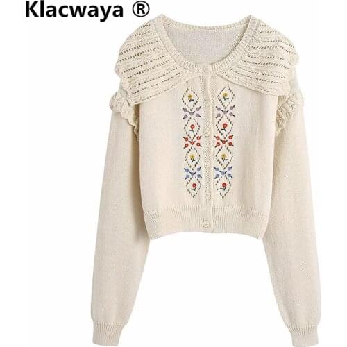 Klacwaya 2021 Women Fashion Floral Embroidery Ruffled Crop Knit Cardigan Sweater Vintage Long Sleeve Female Outerwear Chic Tops