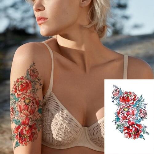 Waterproof Tattoo Stickers Bikini Peony Tattoo and Body Art Flower Pink Tattoo Fake Water Transfer Temporary Tattoo Leg Arm