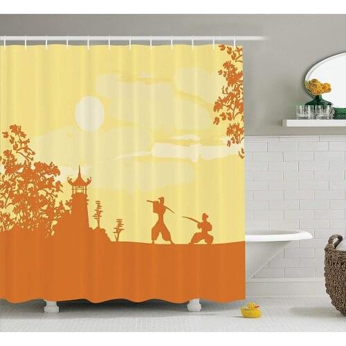 Japanese Shower Curtain Silhouette of Two Ninja Figures in Front of Temple at Sunset Sakura Waterproof Curtains Home Decor