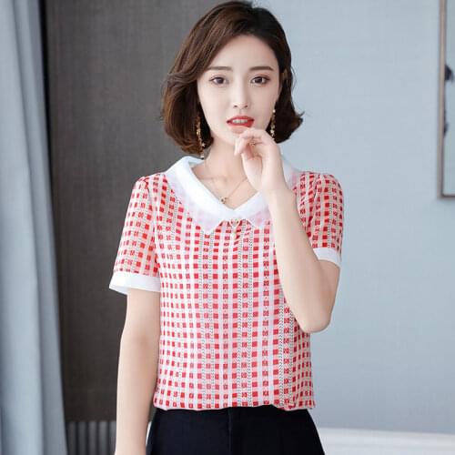 Short-sleeved Plaid Shirt Womens Summer New Floral Peter Pan Collar Chiffon Shirt Loose Plus Size Top Pullover