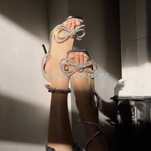 Women Crystal Heel Sandals Square Toe Summer High Heels Rhinestone Strap Lace Up shoes Ladies Sexy Party Wedding Shoes