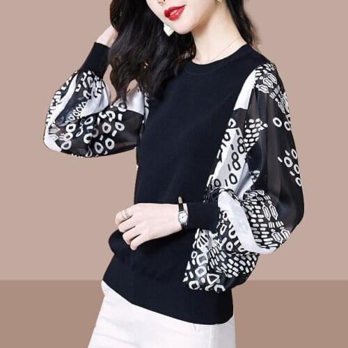 2021 Autumn Spring New O Neck Chiffon Woman Long Sleeve t shirt Fashion Korean Style Splicing Dots Oversized t-shirt