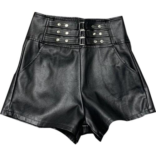 2020 autumn winter fashion rivets faux leather shorts women high waist wide leg pu shorts