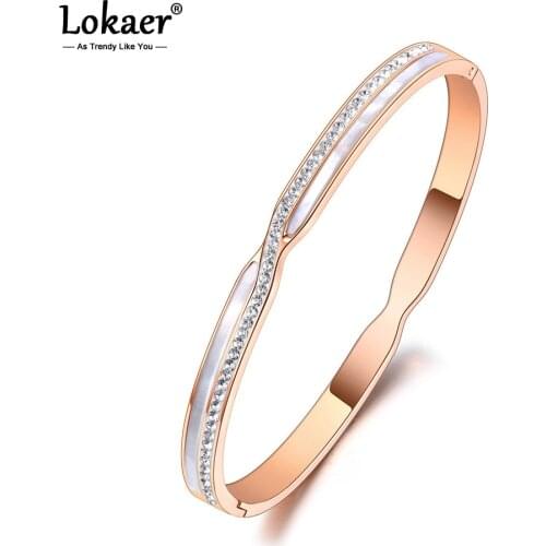 Lokaer Trendy CZ Crystal 5mm Cuff Bangles For Women Rose Gold Shell Titanium Stainless Steel Bracelets Jewelry For Women B20188