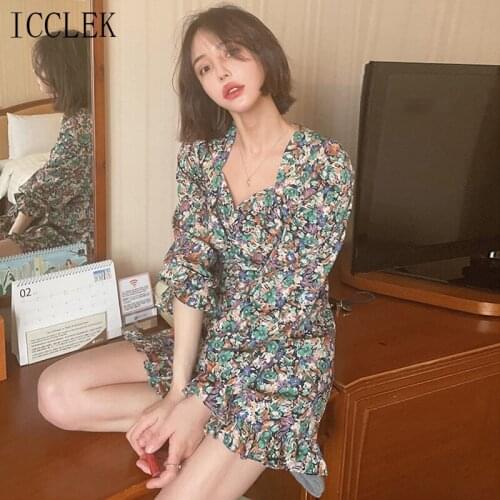 Vintage Chiffon Floral V-Neck Dress Sexy Mini Dress Female 2021 Korean Chic One-Piece Summer Dress Niche WomenS Ruffle Dress