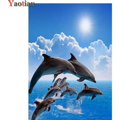 Dolphins Family Blue Ocean Pictures Diamond Painting 5D Cross Stitch Kit Mosaic Rhinestones Embroidery Full Drill Square Decor