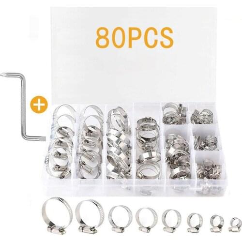 80pcs Stainless steel Adjustable Drive Hose Clamp Fuel Line water pipes Worm Size Clip Hoop Hose Clamp with Wrench