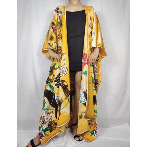 Bohemian 2021 Muslim Summer Abaya Full Length European Beach Silk Kimono For Women Plus Size Outfit Swimwear Floral Kaftan