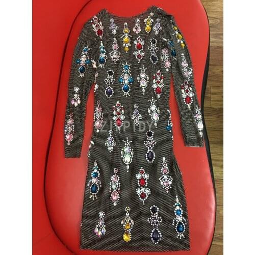 Multi-color Rhinestones Black Transparent Dress Bar Long Sleeves Women Dance Dress Birthday Outfit Dress YOUDU