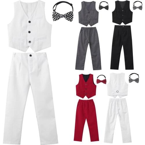 Flower Boys Formal Suit Kids Wedding Tuxedo Dress Bow Tie Vest Pants Set Children Chorus Performance Prom Party Dress Costume