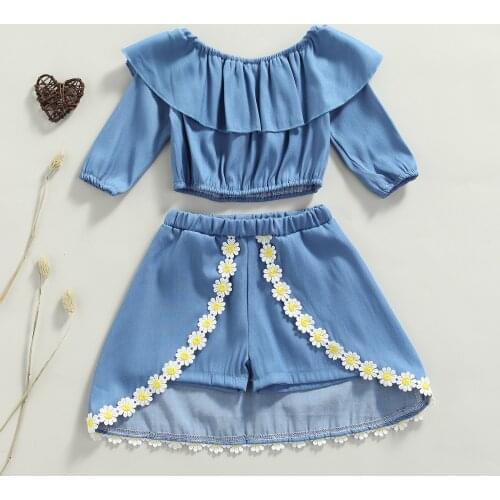 FOCUSNORM 1-5Y Kids Baby Girl Sweet Clothes Sets 2pcs Long Sleeve Off Shoulder Denim Tops Daisy Flower Skirt Shorts