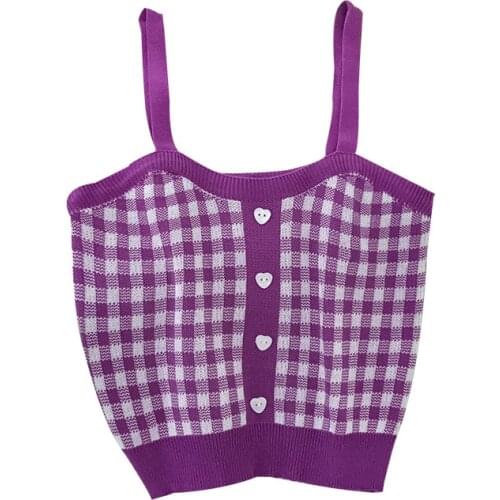 HELIAR Women Purple Plaid Crop Tops With Buttons Knitted Kawaii Cute Tops Straps Sleeveless Casual Crop Tops For Women