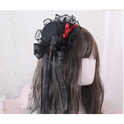 Halloween Cosplay Lace Bow Bat Wings Demon Hairpin Witch Top Hat Gothic Lolita Brooch Side Clip Hair Accessory B907