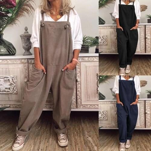 Women Casual Solid Color Sleeveless Pockets Long Pants Strap Jumpsuit Overall 2020