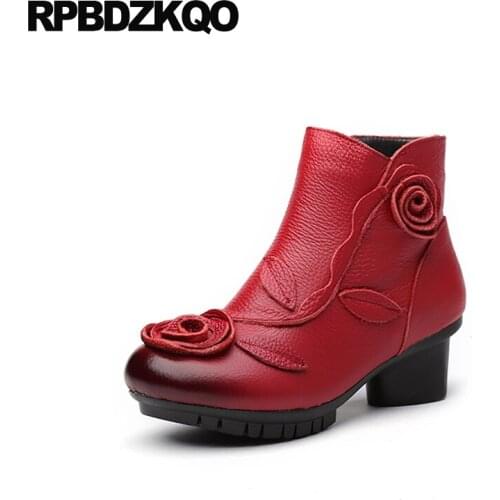 Vintage Autumn Red Chunky Shoes 2017 High Heel Women Ankle Boots 2016 Round Toe Fall Waterproof Flower Chinese Fashion New