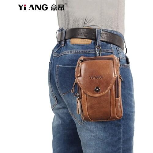 YIANG 100% Genuine Leather Mens Messenger Waist Bag Mobile Phone Case Male Belt Packs Natural Skin Cowhide Small Shoulder Bag