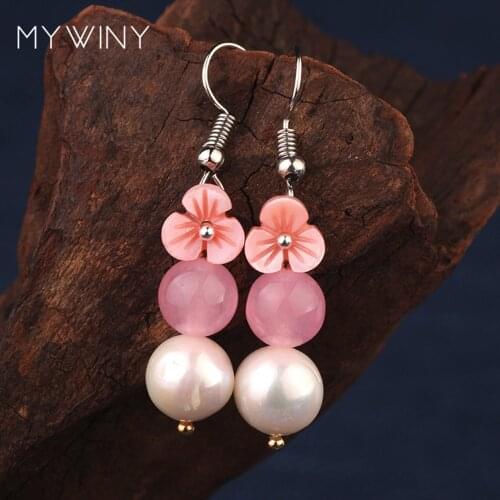 MYWINY ethnic drop long dangle earrings for women color stone shell flower drop green pink blue beads vintage pearl earrings