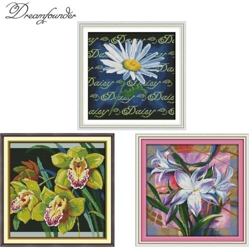 Daisy lily Orchid cross stitch kit flowers cross-stitch set 18ct 14ct 11ct count print canvas stitches embroidery handmade