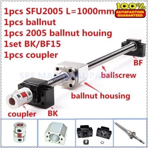 Ball screw set:1pcs SFU2005 Roller ballscrew L=1000mm+1pcs Ballnut +1pcs ballnut housing +1set BK/BF15+1pcs 12*14mm Coupling