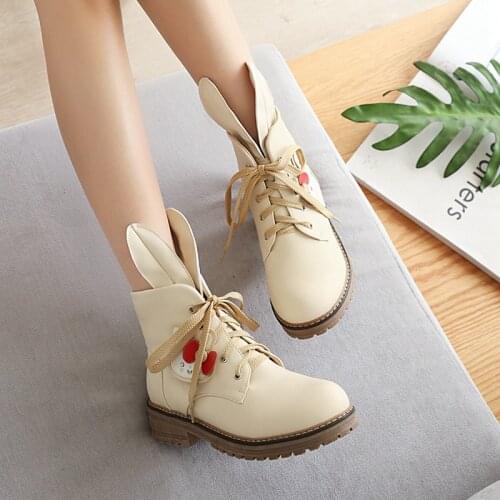New Autumn/winter Gothic Girl Sweet Ankle Boots Cute Rabbit Ears Inner Plus Velvet Chunky Heel Martin Boots Student Lolita Boots