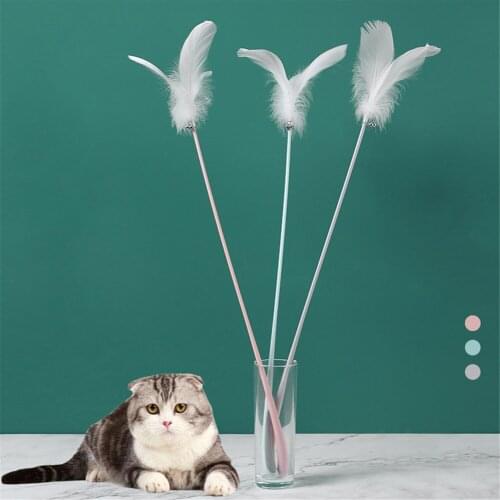 Plastic Cat Teaser Toy Funny High Quality Rabbit Ear Shaped Feather Wand Small Bell Kitten Interactive White Goose Scratch Stick