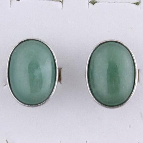 KFT Silver Plated Natural Green Aventurine Stone Finger Rings Oval Shape Adjustable Ring For Women Anniversary Jewelry