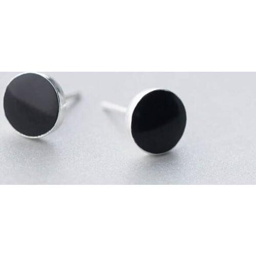 Real 925 Sterling Silver Black Round Stud Earrings For Fashion Women Fine Jewelry Minimalist Geometric Hiphop Accessories