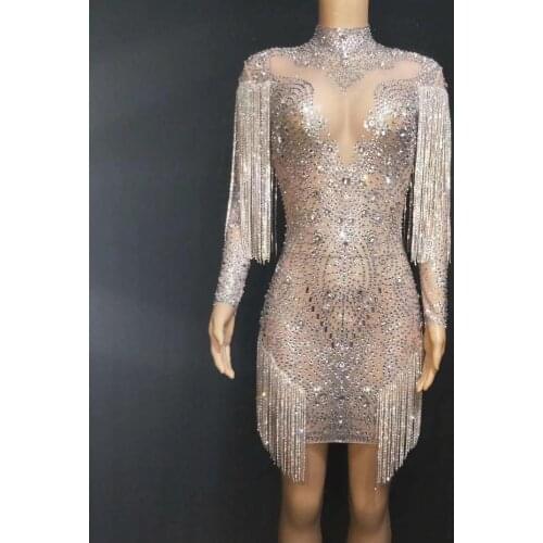 Sexy Silver Tassels Crystals Costume Rhinestones Dress Nude Bodysuit Nightclub Party Female Singer Performance Dress DT1350