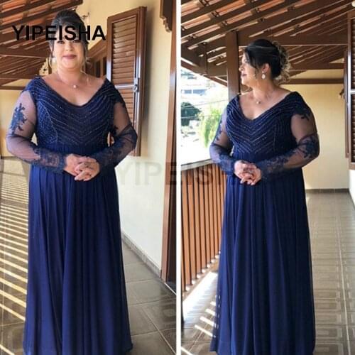 Navy Blue V-Neck Long Sleeve Mother Of the Bride Dresses Sequined Lace Appliques Formal Party Wedding Guest Dress Plus Size