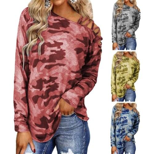 2021 autumn new fashion casual womens clothing camouflage printed shoulder straps cross-neck long-sleeved T-shirt women