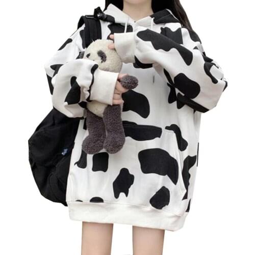 Cow Print Women Hoodies Autumn Winter Thick Female Hoodie Tops Oversized Ladies Sweatshirt Hooded Casual Warm Woman Hoodies