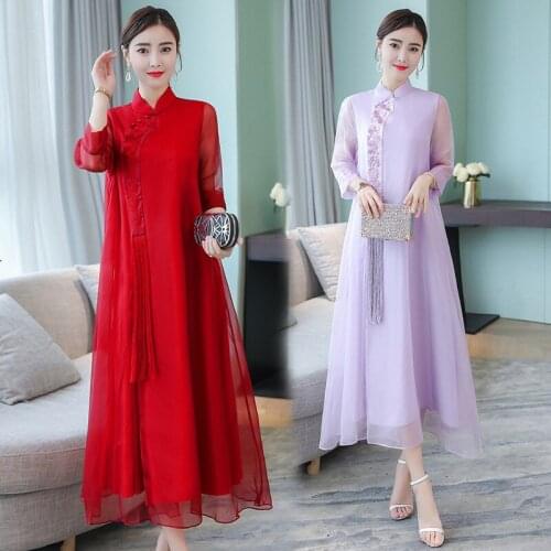 Kez Keer 2018 Summer women Dress Chinese style loose maxi long dress Organza vintage embroidery tassel female Vestidos size 3XL