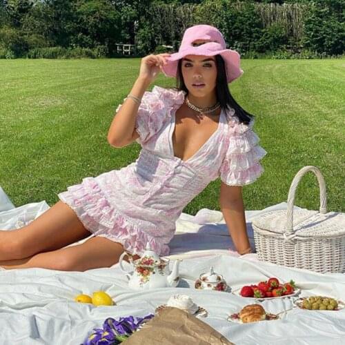 Summer and Autumn Women Short Sleeve Ruffle Pink V-neck Sexy Mini Dress punk rave dress