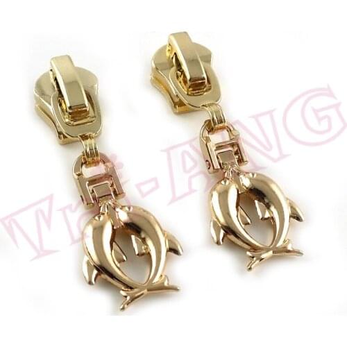 20pcs/lot, Cute Double Dolphins 5# Golden Metal Zipper Slider DIY Garment Accessories