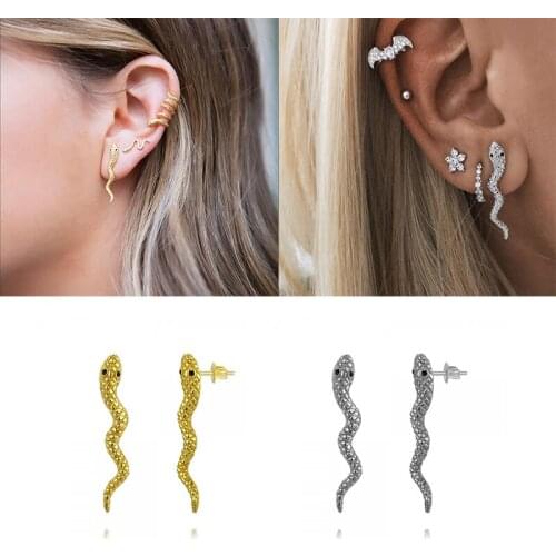 GS 925 Sterling Silver Stud Earring Simple Snake Gold Color Zircon Earrings for Women Girl Mini Small Earring Punk Stlye