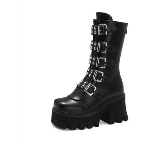 Large Size 42 43 High Barrel Punk Motorcycle Boots 2021 Autumn And Winter Thick Botom Martin Boots Rear Zipper Belt Buckle