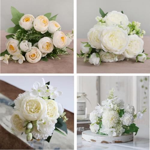1 Bouquet white Artificial Flowers Peony Tea Rose Autumn Silk Fake Flowers for DIY Living Room Home Garden Wedding Decoration