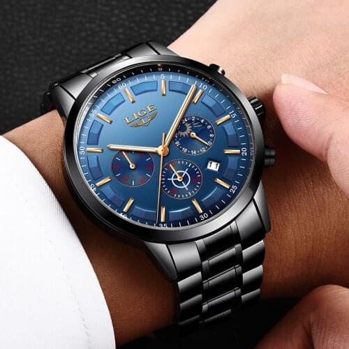 LIGE Mens Waterproof Quartz Watch Full steel Men Watches Dress Business Fashion Casual Sport Moon Phase Black Blue Male Clock