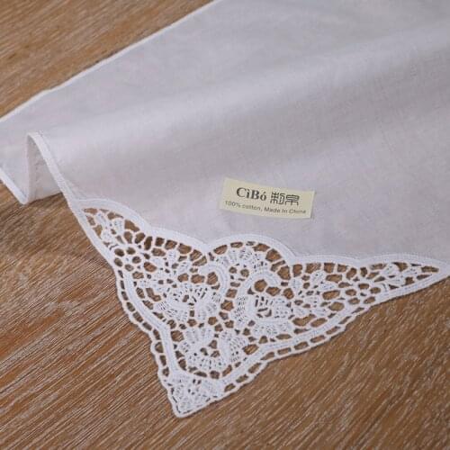 D602-C: White premium cotton lace wedding handkerchief blank crochet hankies for women/ladies wedding gift