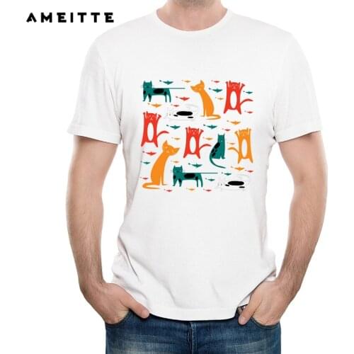 Newest Design Cats and Fishes T-Shirt Mens Fashion Customied White Printed T Shirt Summer Novelty Streetwear Male Tee Tops