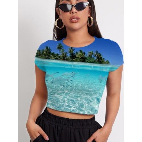 3d Tshirt Fish T-shirt Women Animal Funny T shirts Ocean Navel Bare Coconut Tree Shirt Print Womens Clothing Hip Hop Casual Tops