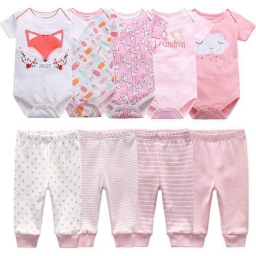 Newborn Clothes Set Bodysuits+Pants 7/9Pcs Baby Girl Outfits Pink Sweet Toddler Boy Autumn Clothing 0-12M Infant Birth Gift Soft