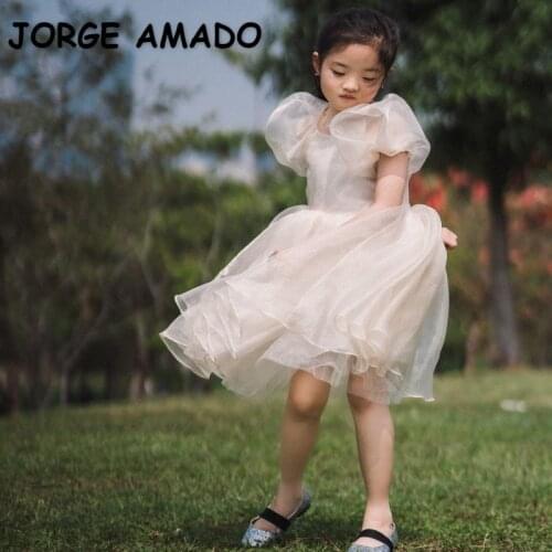 2021 Hot Sale New Summer Kids Girl Party Dress Champagne Mesh Princess Dresses for Wedding Piano Perform Birthday E0503